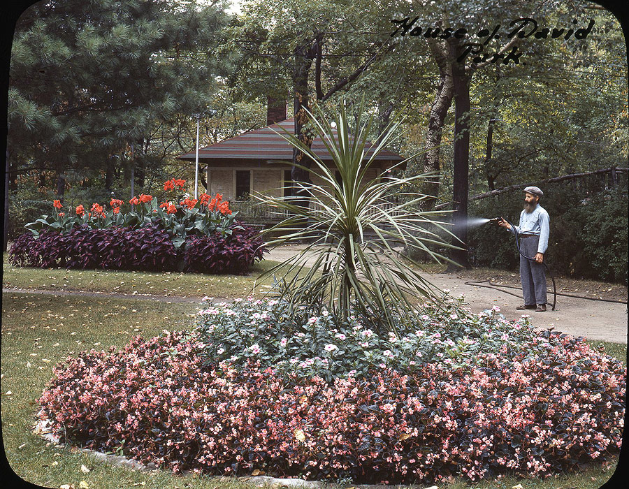 Eden Spring's beautiful landscaped grounds were one of its original and most popular attractions. The exotic plants were tended by various colony members with much of the work done by Dominick Zitella, seen here in this mid-1940s view. The top floor of the Beer Garden and the original wood footbridge are visible in the background.