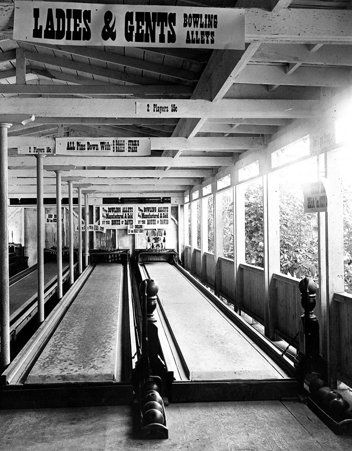 Our Bowling Alleys are now in a Bowling Museum.  Tom Dewhirst donated the alleys when the park closed.  The bowling balls were small and you used three shots per frame.  We also had a billiard and pool table parlor right next to the alleys.  It was a great meeting place for the young.  The Bowling Alleys and Pool Hall were situated in back of the Stage and Band Stand.