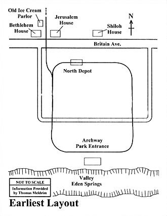 Evidence indicates that the first circular track was laid out in a ''D'' configuration with the flat side of the ''D'' running alongside of Britain Ave.  The curved side ran through the northern half of the park past the Archway Building.  This layout moved visitors from Britain Ave. and disembarked them at the Archway building to walk through the Arch and down a short road ending at the east end of the pond at the outdoor photographic studio in the valley portion of the park.