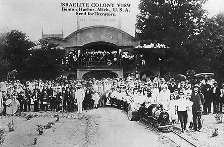 This is how Eden Springs Park looked like on opening day in July 1908.  The official opening of the park was in August of that year.  This photo is similar to one captioned in a newspaper article of the time as on the park's opening day.  It was probably taken on that same day.  In this photo the tracks in the foreground are not angled further to the right as in the early ''D'' track configuration.  The track in this image probably shows the southern end of the earliest track layout. This point to point track ran north from the Archway building crossing Britain Ave as shown in photos #17 & #18.  It then ran under the 1906 Arch between the Bethlehem and Jerusalem residential buildings and then continued to (or through) the arch on the east side of the original ice cream parlor further north.  This layout was short lived because it was not practical for moving people to and from the park.