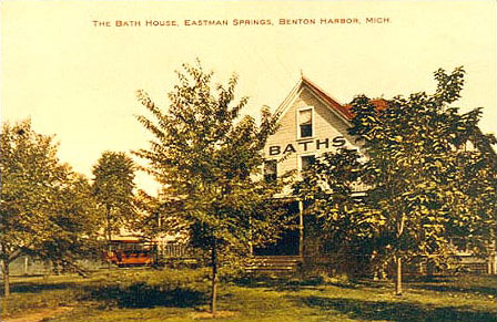 The House of David purchased a parcel of property from Eastman Springs in 1907 on the south side of Britain Ave. for the purpose of opening a resort.  Eastman Springs had been a health spa resort for many years before the turn of the century.  Eastman Springs featured health springs from which water was used for drinking and bathing.  The portion of Eastman Springs purchased by the House of David did not include the main Eastman Springs resort facilities to the east on Britain Ave.  These facilities continued in business for several years after the House of David opened Eden Springs next door.  This image is of the Eastman Springs bathhouse from about 1908.  To the left of the bathhouse can be seen one of the early Britain Ave. streetcars of the period.  This streetcar bears a striking resemblance to the passenger cars built at the colony for the miniature trains at about this time.